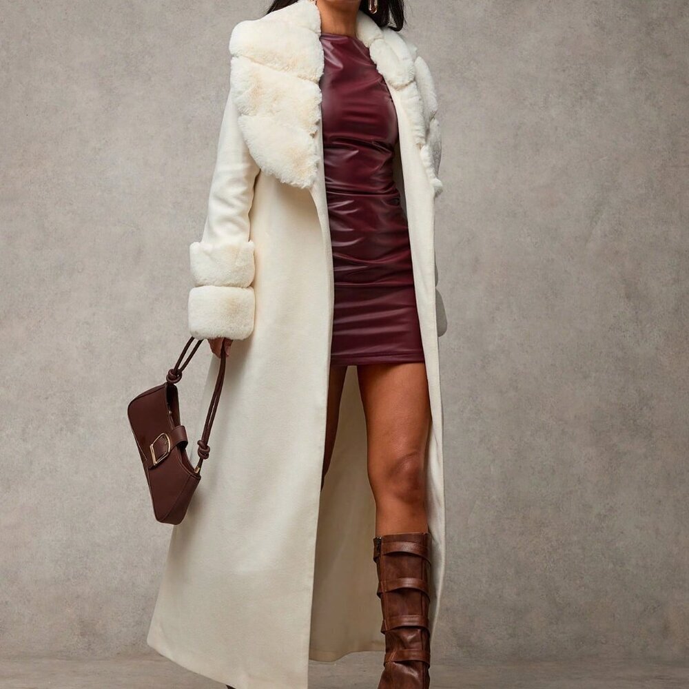 Apricot Elegant Women's Long Fluffy Shawl Coat